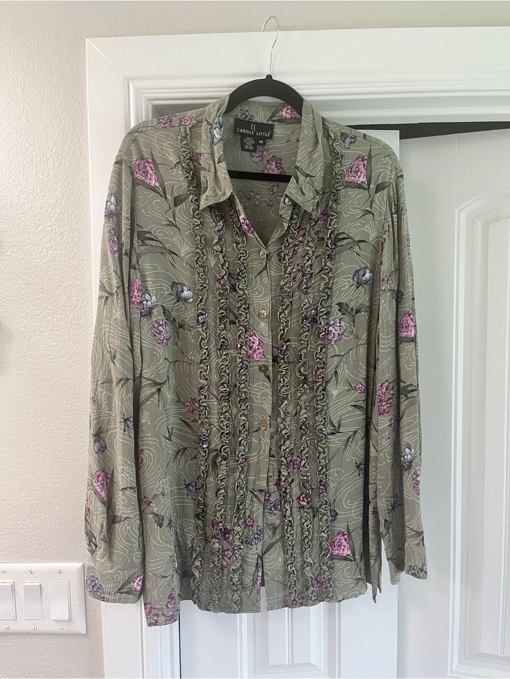 Carole Little Olive Green Floral Ruffle-Front Button Down Blouse